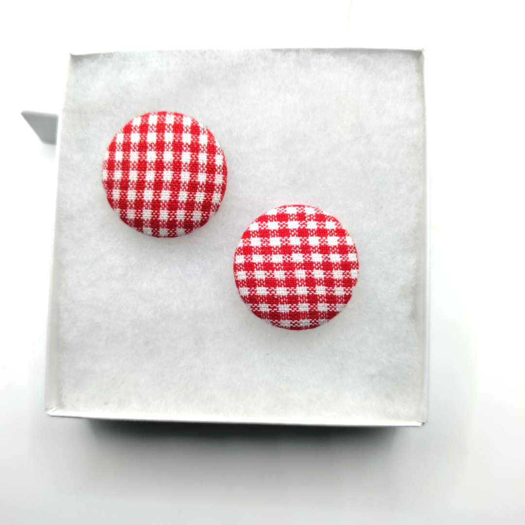 Red and White Checkerboard Button Stud Earrings
