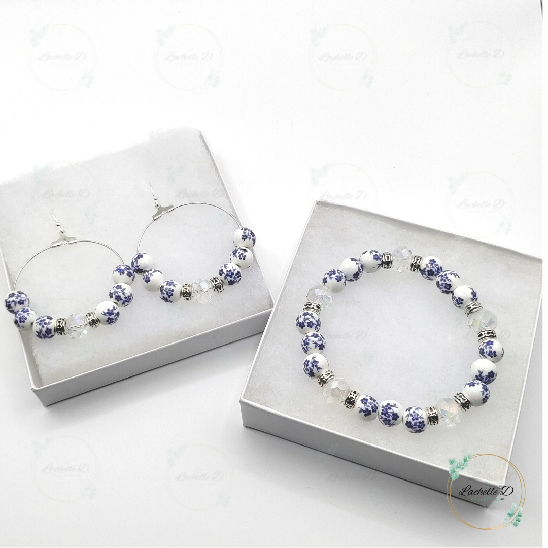 Blue and White Flower Bracelet and Earring Set