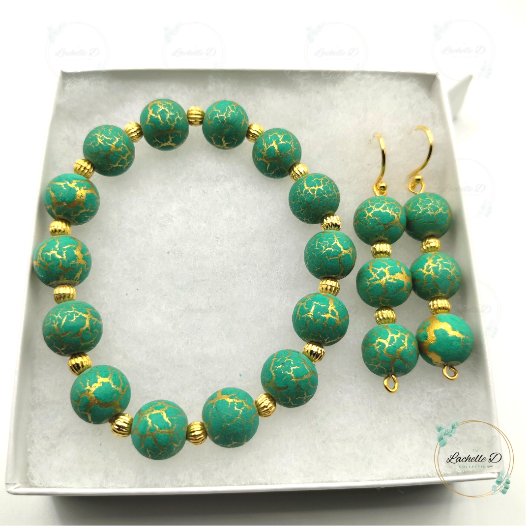 Green Crackle Bead Bracelet and Earring Set