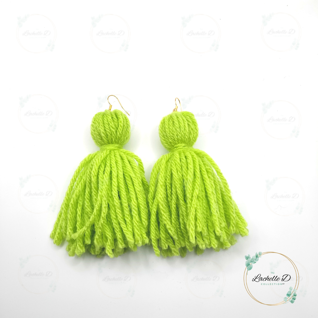 Citron Green Yarn Tassel Earrings